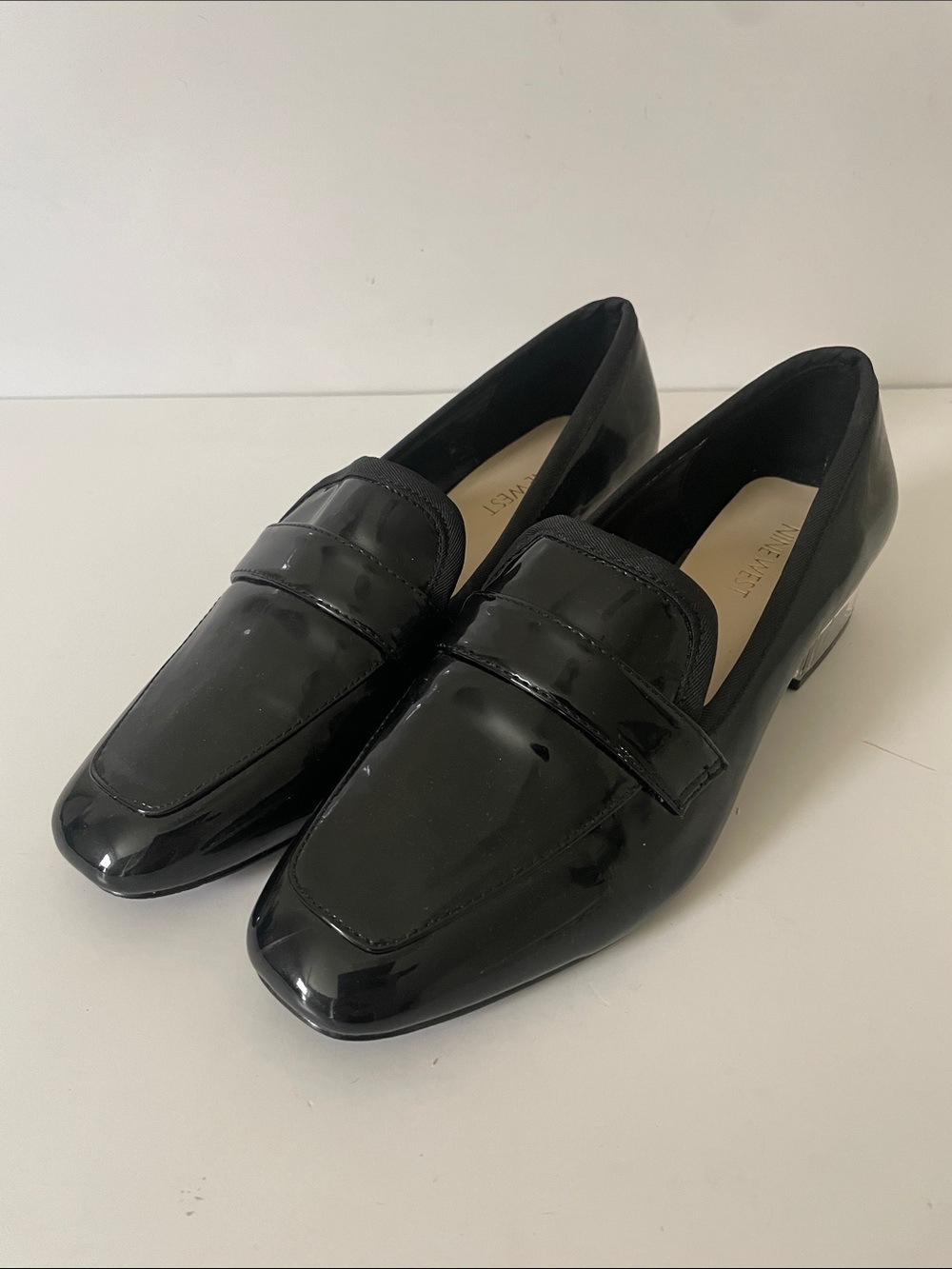 Nine West Black Patent Loafers Clear Block Heel Women’s Size 7